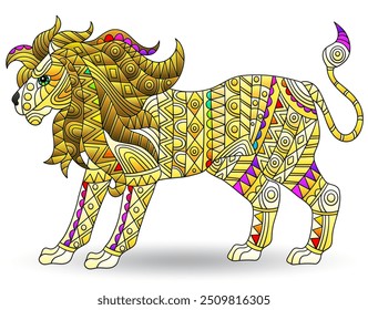 Illustration in the style of stained glass with abstract lion, animal isolated on a white background