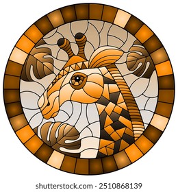 Illustration in the style of stained glass with abstract giraffe head on a  background with leafs , oval image, tone brown