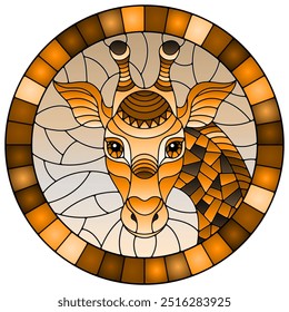 Illustration in the style of stained glass with abstract giraffe head,oval image, tone brown