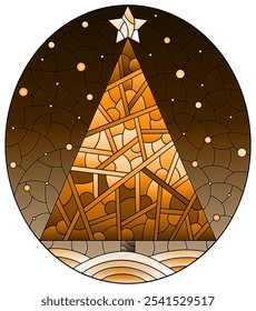 Illustration in the style of stained glass with an abstract Christmas tree on the background of snow and night sky, tone brown