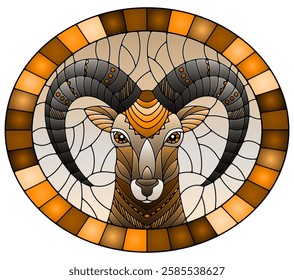 Illustration in the style of stained glass with abstract ram head on a background oval image in frame, tone brown