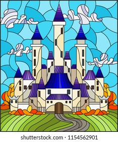Illustration in the style of stained glass with the ancient castle on the background of the cloudy day sky