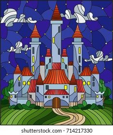 Illustration in the style of stained glass with the ancient castle on the background of the cloudy night sky
