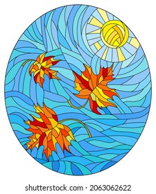 An illustration in the style of stained glass with autumn maple leaves floating on a background of blue sky and sun, oval image