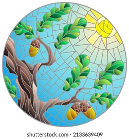 An illustration in the style of stained glass with autumn oak branches on a background of blue sky and sun, round image