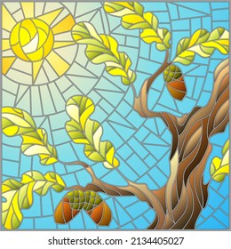 An illustration in the style of stained glass with autumn oak branches on a background of blue sky and sun, rectangular image