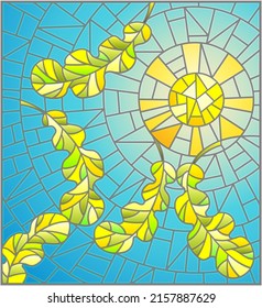 An illustration in the style of stained glass with autumn oak leaves floating on a background of blue sky and sun, rectangular image