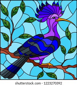 Illustration in the style of stained glass with a beautiful blue bird  on a  background of branch of tree and sky