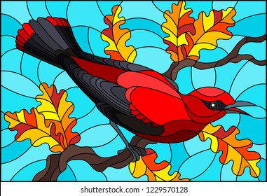 Illustration in the style of stained glass with a beautiful red bird  on a  background of autumn branch of tree and sky