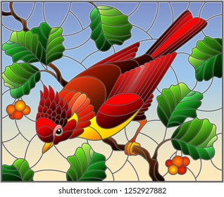 Illustration in the style of stained glass with a beautiful red bird  on a  background of branch of tree and sky