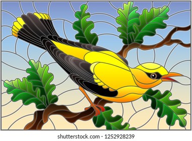 Illustration in the style of stained glass with a beautiful yellow bird  on a  background of branch of tree and sky