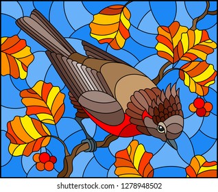 Illustration in the style of stained glass with a beautiful  bird  on a  background of branch of autumn tree and sky