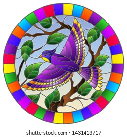 Illustration in the style of stained glass with a beautiful purple bird  on a  background of branch of tree and sky,oval image in bright frame