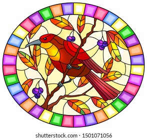 Illustration in the style of stained glass with a beautiful bright red  bird  on a  background of autumn branch of tree and sky,oval image in bright frame