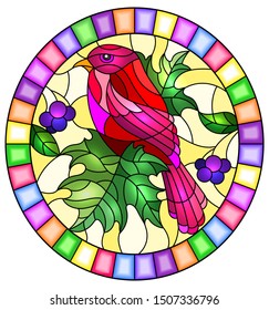 Illustration in the style of stained glass with a beautiful bright red  bird  on a  background of autumn branch of tree and sky,oval image in bright frame
