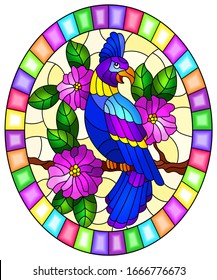 Illustration in the style of stained glass with a beautiful blue parakeet sitting on a branch of a blossoming tree on a background of leaves and sky