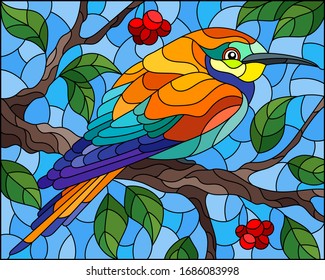 Illustration in the style of stained glass with a beautiful bright bird  on a  background of branch of tree with berryes  and sky