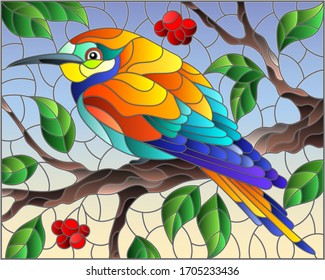 Illustration in the style of stained glass with a beautiful bright bird  on a  background of branch of tree with berryes  and sky