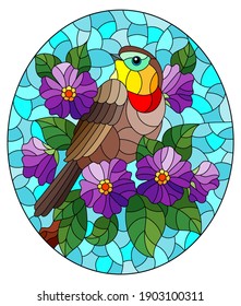 Illustration in the style of stained glass with a beautiful bright bird on a background of branch of tree with purple flowers and sky, oval image