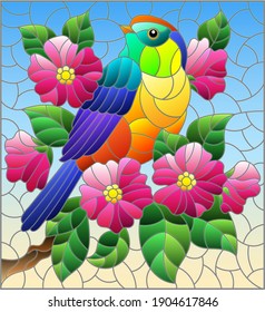 Illustration in the style of stained glass with a beautiful bright bird  on a  background of branch of tree with pink flowers and sky, rectangular image
