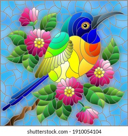 Illustration in the style of stained glass with a beautiful bright bird  on a  background of branch of tree with pink flowers and sky, rectangular image