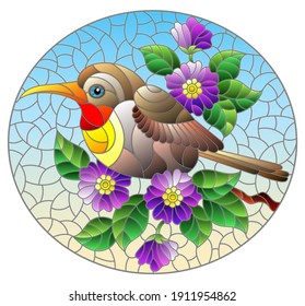 Illustration in the style of stained glass with a beautiful bright bird on a background of branch of tree with purple flowers and sky, oval image
