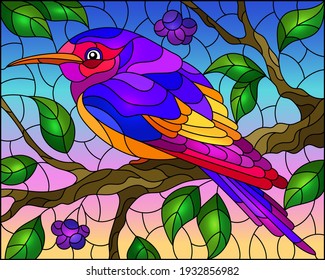 Illustration in the style of stained glass with a beautiful bright bird on a  background of branch of tree with berryes and sky