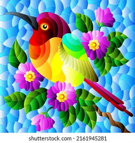 Illustration in the style of stained glass with a beautiful bright bird  on a  background of branch of tree with pink flowers and sky, rectangular image