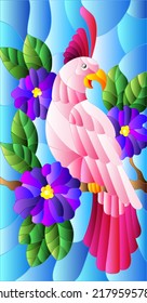 Illustration in the style of stained glass with a beautiful pink parakeet sitting on a branch of a blossoming tree on a background of leaves and sky