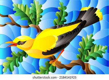Illustration in the style of stained glass with a beautiful yellow bird  on a  background of branch of tree and sky