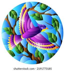 Illustration in the style of stained glass with a beautiful purple bird  on a  background of branch of tree and sky,oval image 