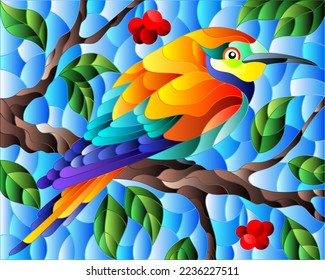 Illustration in the style of stained glass with a beautiful bright bird  on a  background of branch of tree with berryes  and sky