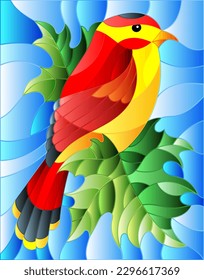Illustration in the style of stained glass with a beautiful red bird on a background of branch of maple tree and blue sky