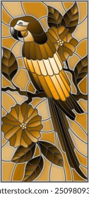 Illustration in the style of stained glass with a beautiful  parakeet sitting on a branch of a blossoming tree on a background of leaves and sky, tone brown