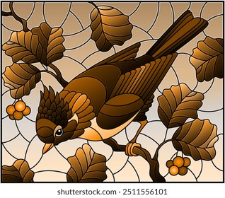 Illustration in the style of stained glass with a beautiful red bird  on a  background of branch of tree and sky, tone brown