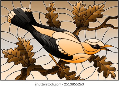 Illustration in the style of stained glass with a beautiful yellow bird  on a  background of branch of tree and sky, tone brown