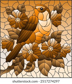 Illustration in the style of stained glass with a beautiful bird on a  background of branch of tree withflowers and sky, rectangular image, tone brown