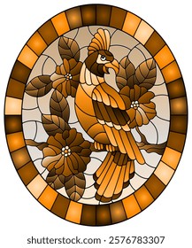 Illustration in the style of stained glass with a beautiful  parakeet sitting on a branch of a blossoming tree on a background of leaves and sky, tone brown