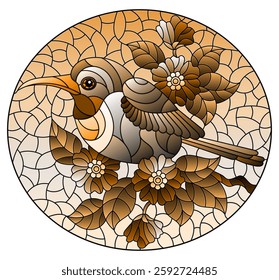 Illustration in the style of stained glass with a beautiful bird on a background of branch of tree with flowers and sky, tone brown