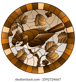 Illustration in the style of stained glass with a beautiful bright purple  bird  on a  background of branch of tree and sky,oval image in frame, tone brown