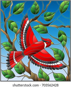 Illustration in the style of stained glass with a beautiful red bird  on a  background of branch of tree and sky