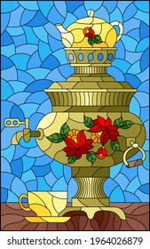 Illustration in the style of stained glass with a bright painted samovar and a cup on the table on a blue background