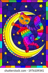 Illustration in the style of stained glass with a bright rainbow cat on the moon against the background of the starry night sky, a rectangular image in a bright frame