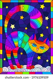 Illustration in the style of stained glass with a bright rainbow cat on the cloud against the background of the starry night sky, a rectangular image in a bright frame