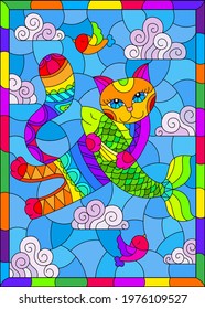 Illustration in the style of stained glass with a bright rainbow cat with fish against the background of the cloudy day sky, a rectangular image in a bright frame