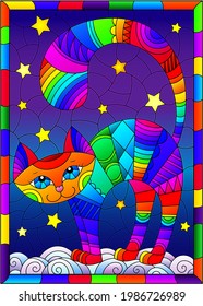 Illustration in the style of stained glass with a bright rainbow cat on the cloud against the background of the starry night sky, a rectangular image in a bright frame