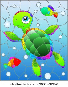 Illustration in the style of stained glass with bright cartoon turtle on the background of the sea floor, fish and water