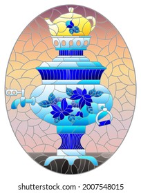 Illustration in the style of stained glass with a bright painted russian samovar on the table on a red background, oval image