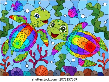 Ilustración en el estilo de vidrios manchados con tortugas de dibujos animados brillantes sobre el fondo del fondo del mar, el pescado y el agua