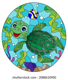 Illustration in the style of stained glass with bright cartoon turtle on the background of the sea floor, fish and water, oval image